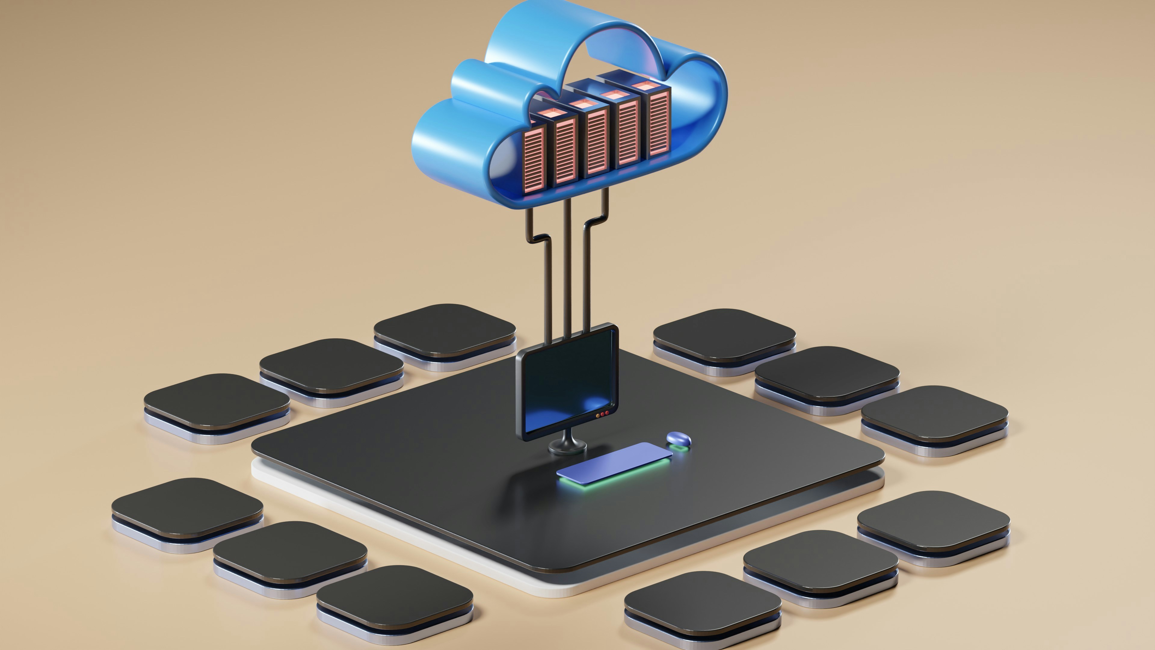 3D image of a cloud with servers connected to a computer